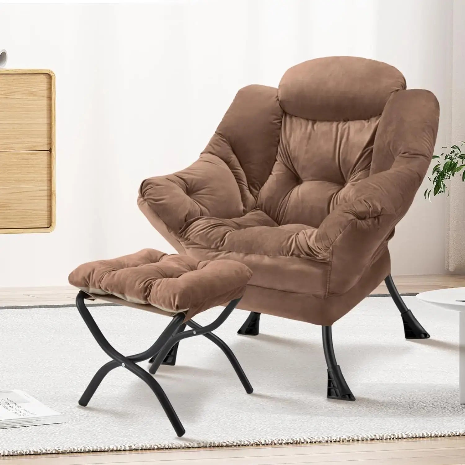 Foldable Lazy Chair with Ottoman placed in a modern living room, showcasing its soft upholstery and comfortable armchair style.