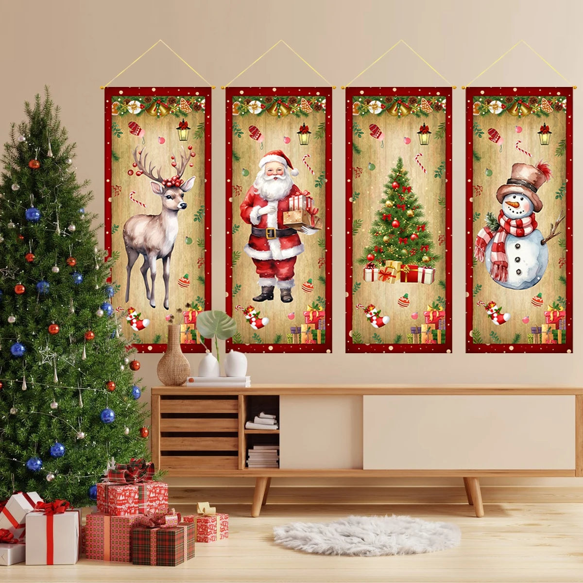 The Christmas hanging flag decor is a cheerful and eye-catching addition to your holiday decorations. Featuring vibrant Christmas-themed designs such as Santa, snowmen, or festive greetings.