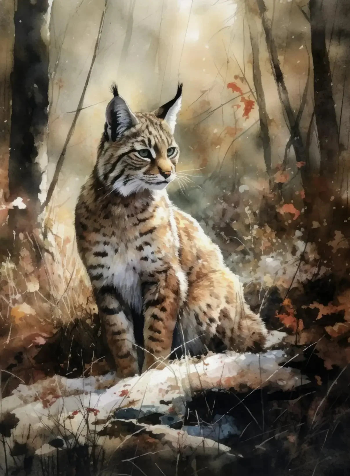 Forest Wildlife Art Poster - Watercolor Canvas Printing of a lynx sitting in a forest clearing. Captures the beauty of wild cats in nature.