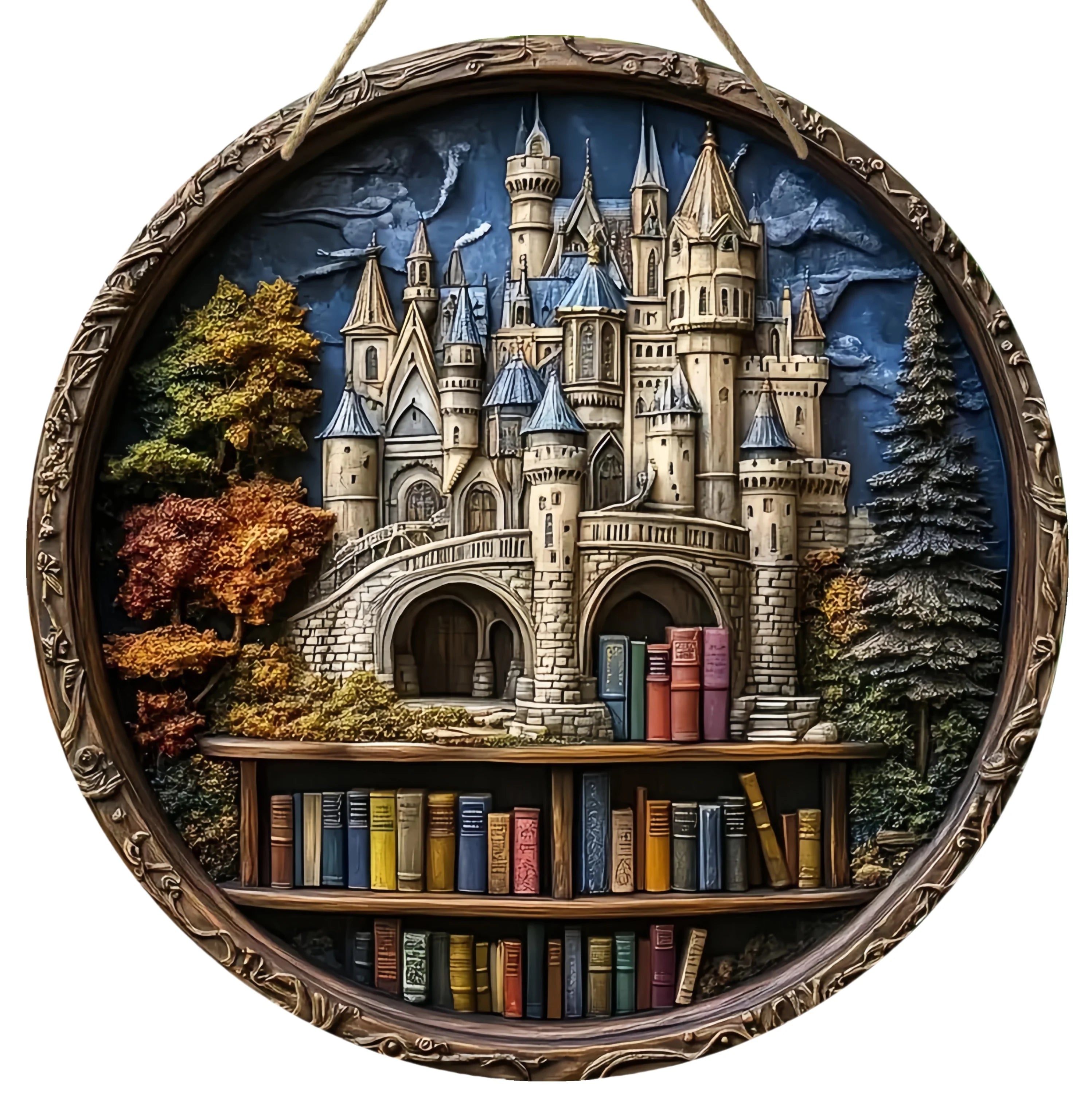 Elegant castle bookshelf design on a round wooden sign, ideal for Christmas wall decor in classic or vintage-themed interiors.