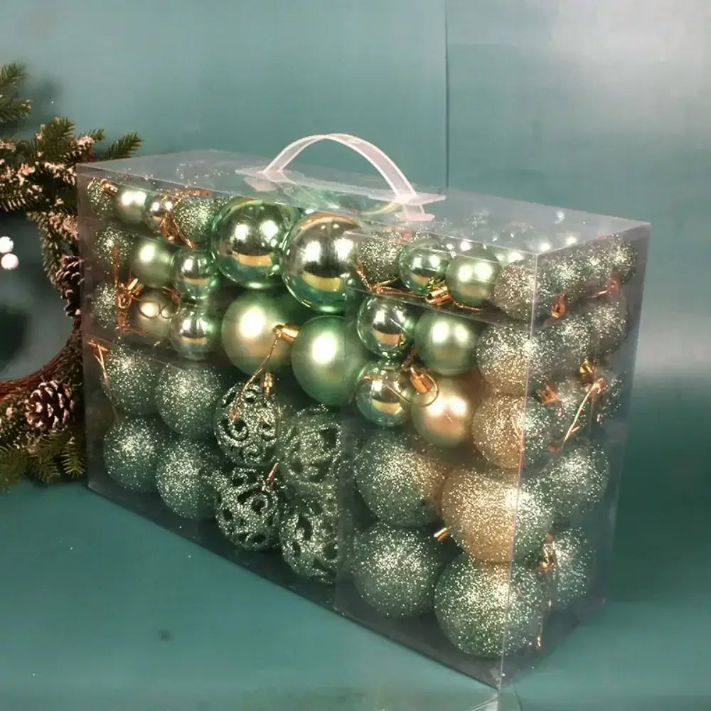 Green 100PCS Plastic Christmas Ball Set with glitter and matte finishes, ideal for nature-inspired Christmas tree decor.