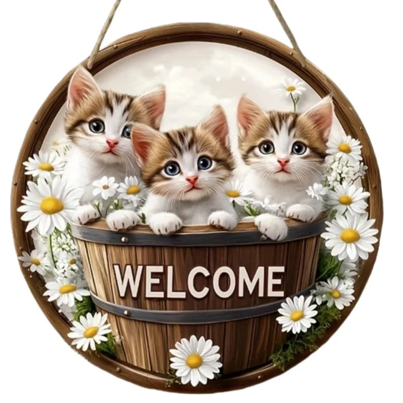 Wood Cat Hanging Decorations 2D Retro Circular