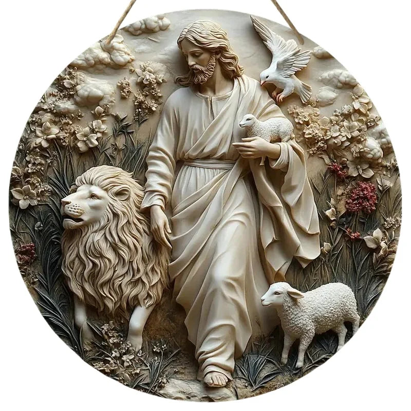 2D Retro Jesus Sign - Wooden Welcome featuring Jesus with lion, lamb, and dove in a floral setting, ideal for Christmas wall decor.