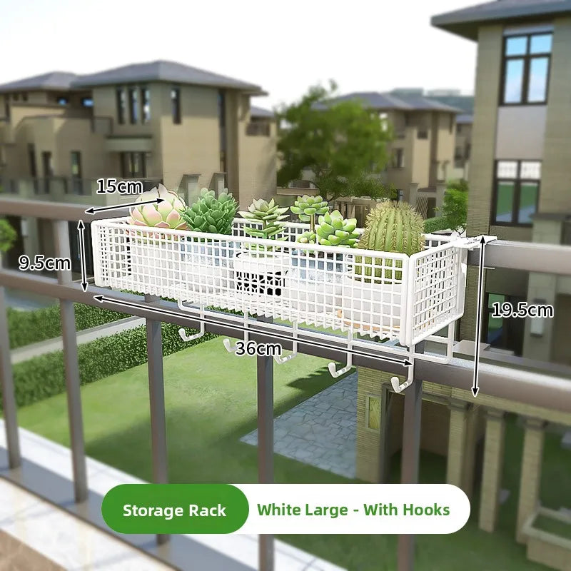 White large Balcony Plant Stand Windowsill with hooks, 36cm wide. Combines plant storage with hanging utility hooks.