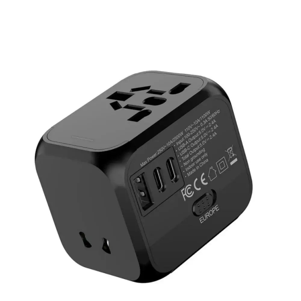 Black Universal Travel Plug Adapter with labeled USB-C and USB-A ports, CE and FCC certified for safe charging in over 180 countries.