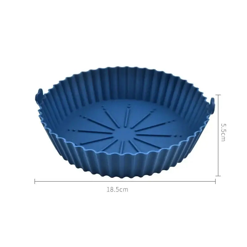 Blue air fryer silicone liner pot with 18.5cm diameter and 5.5cm height. Designed for optimal air flow and mess-free frying.