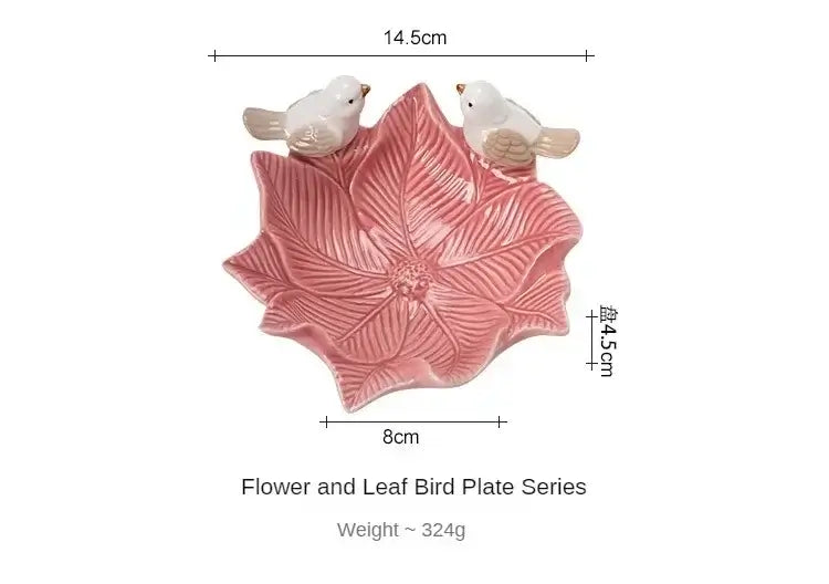 Dimensions of pink flower ceramic jewelry tray with bird figurines, highlighting its compact and decorative design.