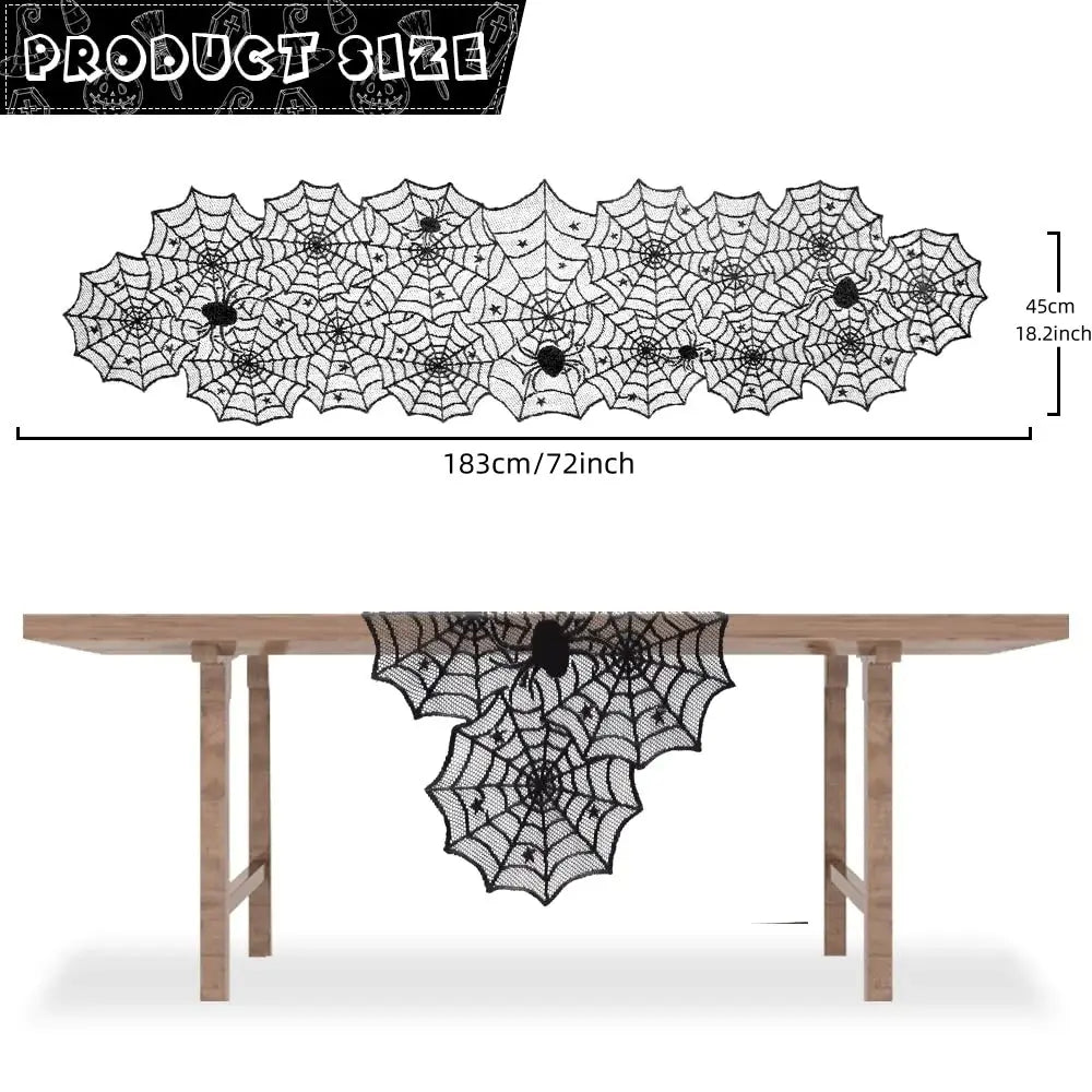 72-inch Spider Web Lace Table Runner with spider accents, displayed on a table for gothic Halloween table setting inspiration.