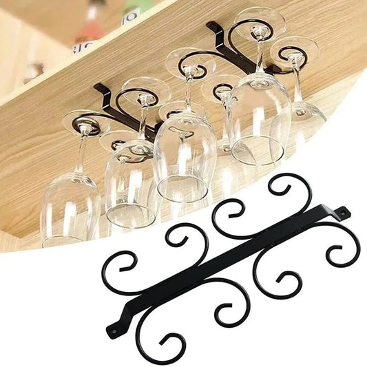 Wine Glass Holder Under Cabinet - Stylish Storage for 8 Cups, mounted under wooden shelf with elegant black iron scroll design.