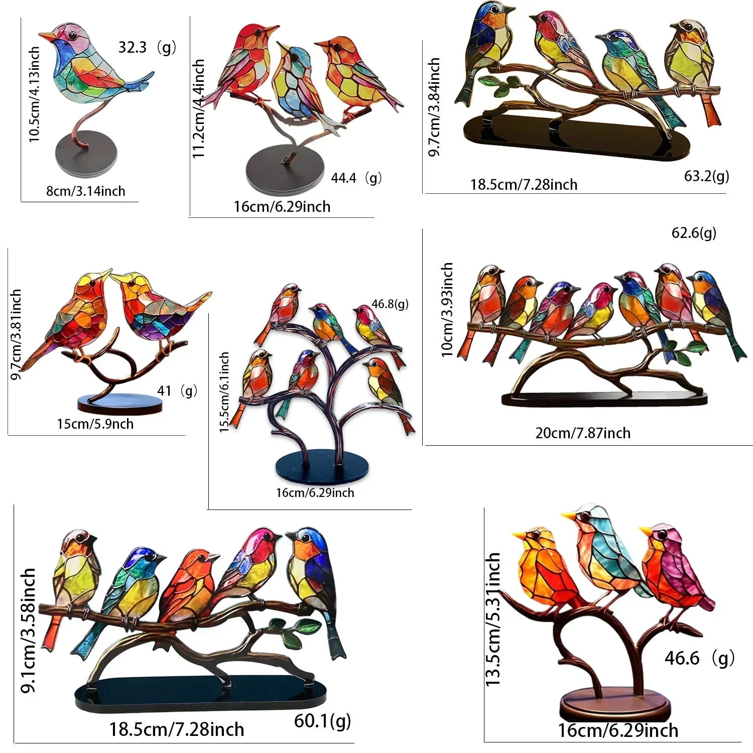 Multicolor Birds-Stained Acrylic Birds on Branch Desktop Ornaments Double Sided Multicolor -