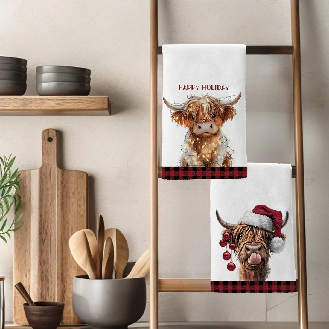2pcs Kitchen Dishcloth Santa Hat Highland Cow Red Plaid