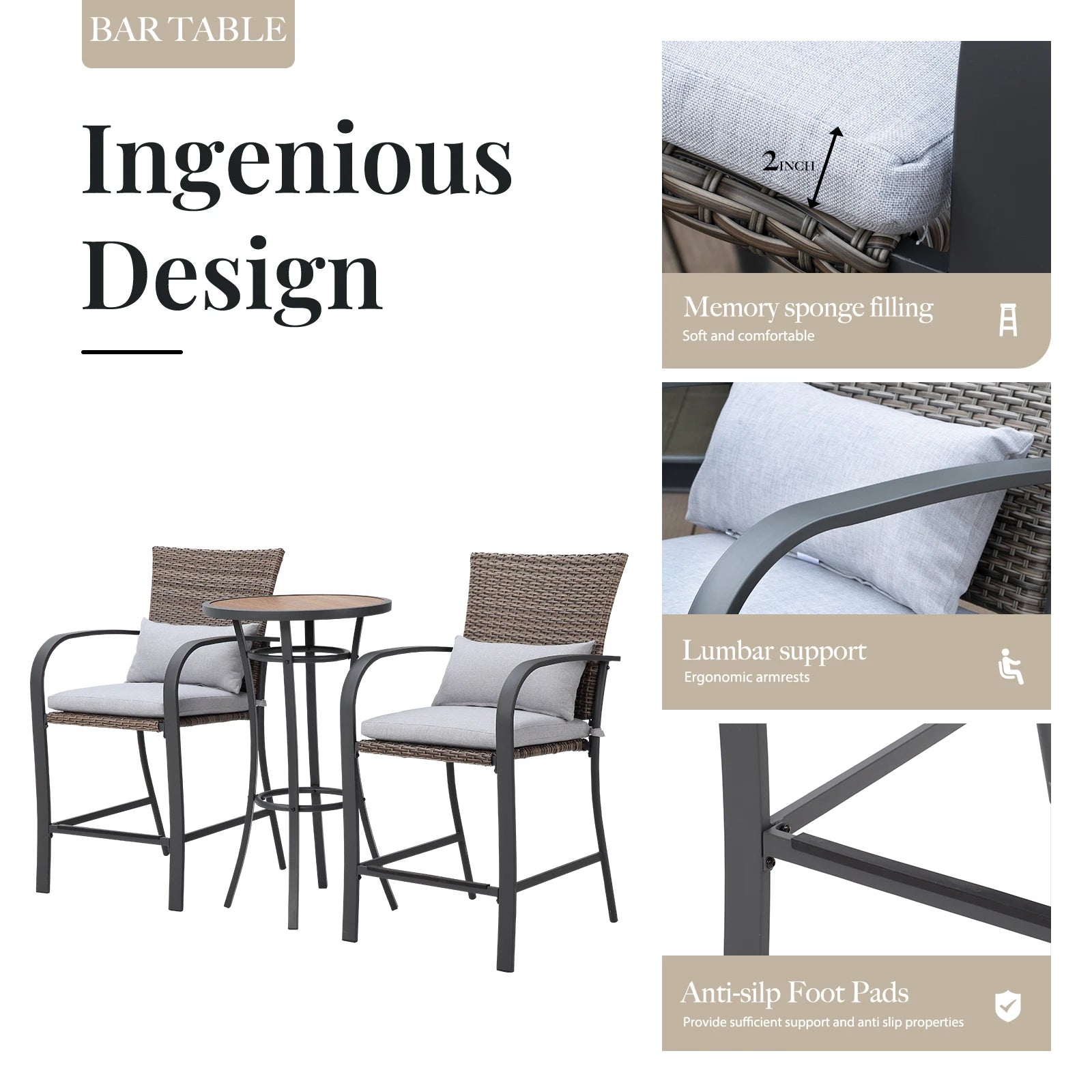 3pcs Patio Bar Set with Soft Cushions