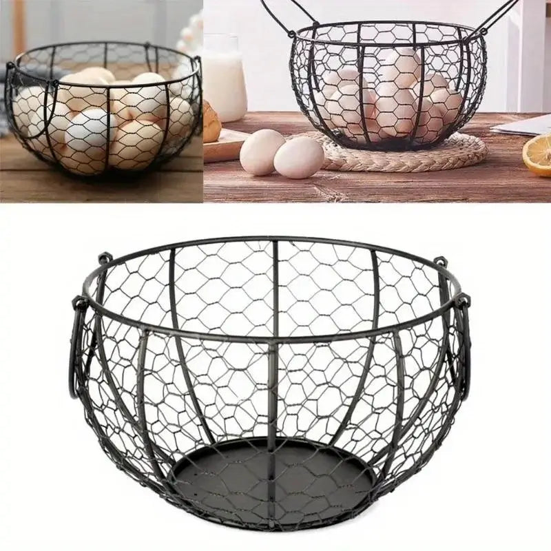 Metal wire egg basket storage filled with eggs on kitchen counter. Iron design with non-slip base for organized egg display.