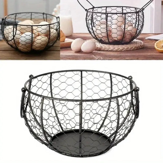 Metal wire egg basket storage filled with eggs on kitchen counter. Iron design with non-slip base for organized egg display.