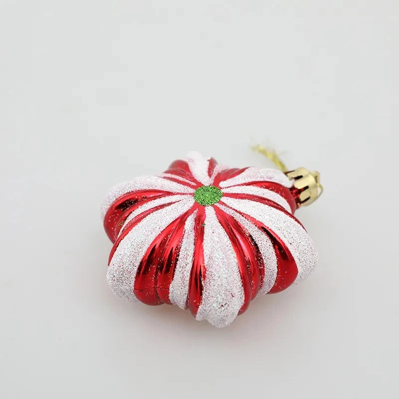 Single red and white glittery peppermint-style ornament from the Christmas Tree Ornaments Set - 6pcs Red Star Candy, perfect for holiday decorating.