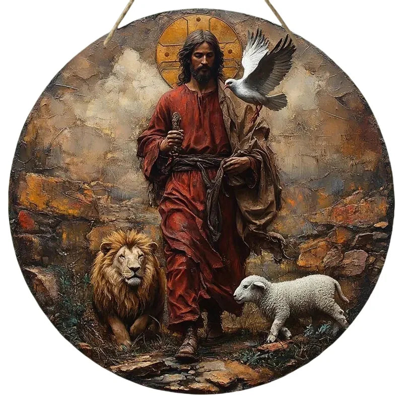 2D Retro Jesus Sign - Wooden Welcome with Jesus, lion, lamb, and dove in a rustic background, perfect for seasonal wall accents.
