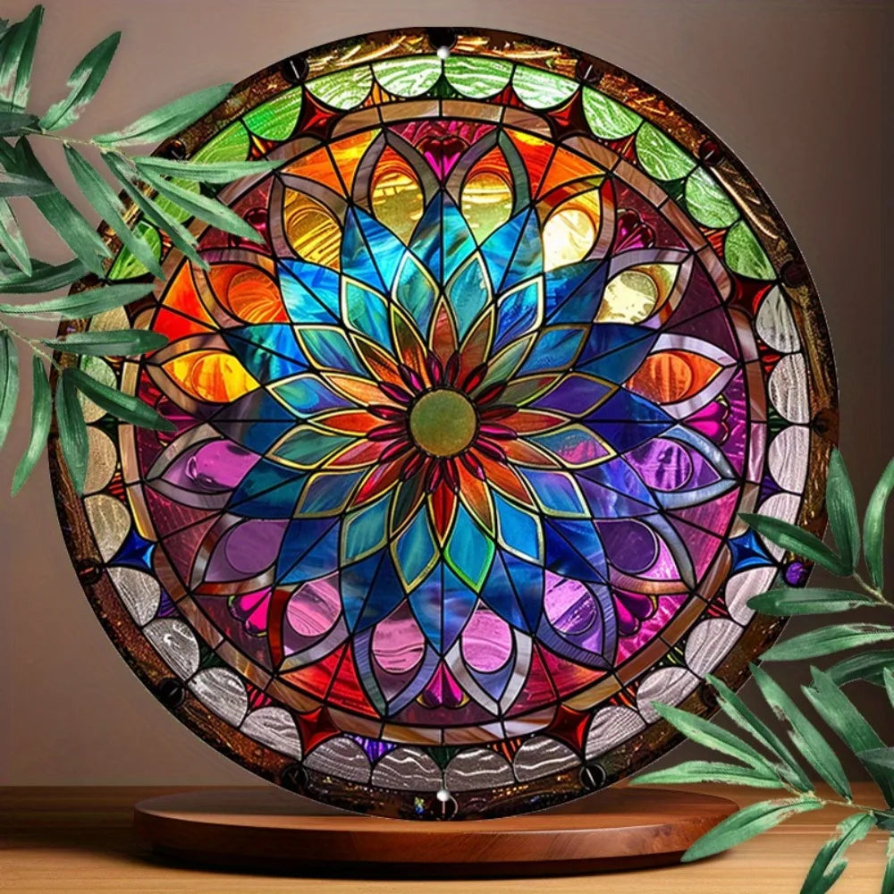 Close-up of Round Mandala Aluminum Art Sign with vivid stained-glass style pattern, surrounded by green leaves, ideal for meditation spaces.