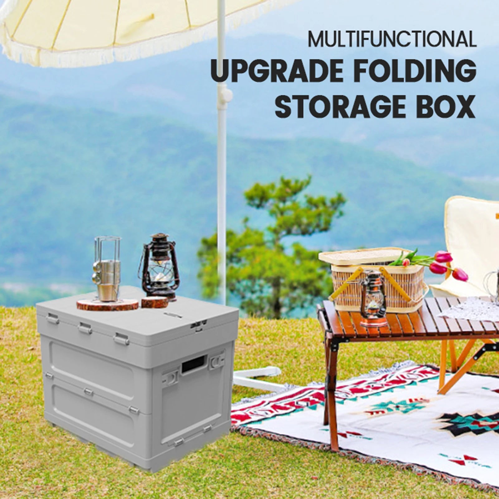 Upgrade folding storage box with cooler feature set beside a picnic setup in nature. Durable and multifunctional outdoor table.