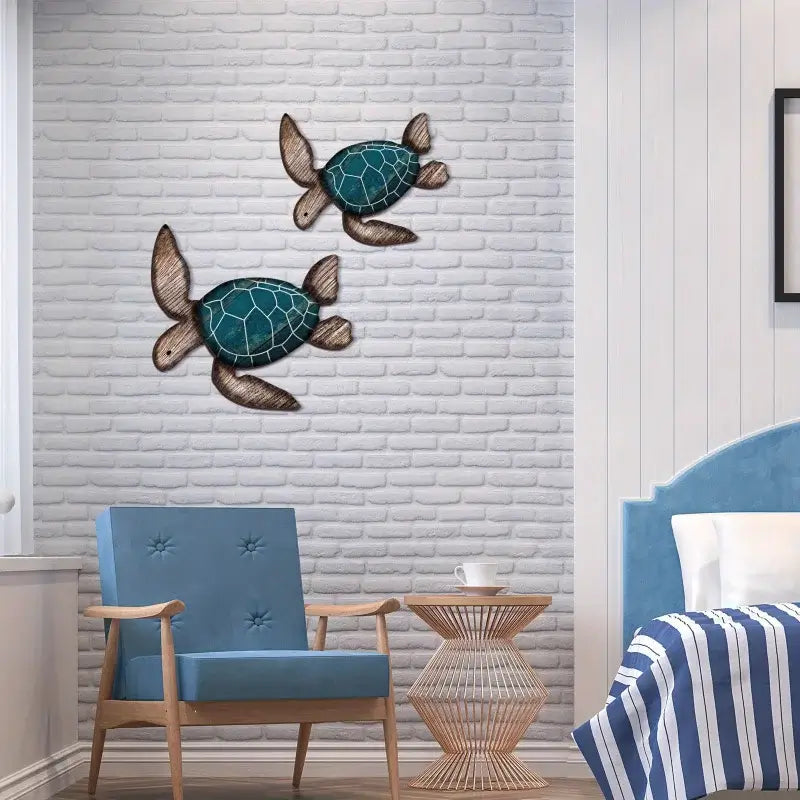 Handcrafted Wooden Turtle Wall Hanging Set mounted on a white brick wall in a cozy bedroom corner, perfect for coastal home decor.