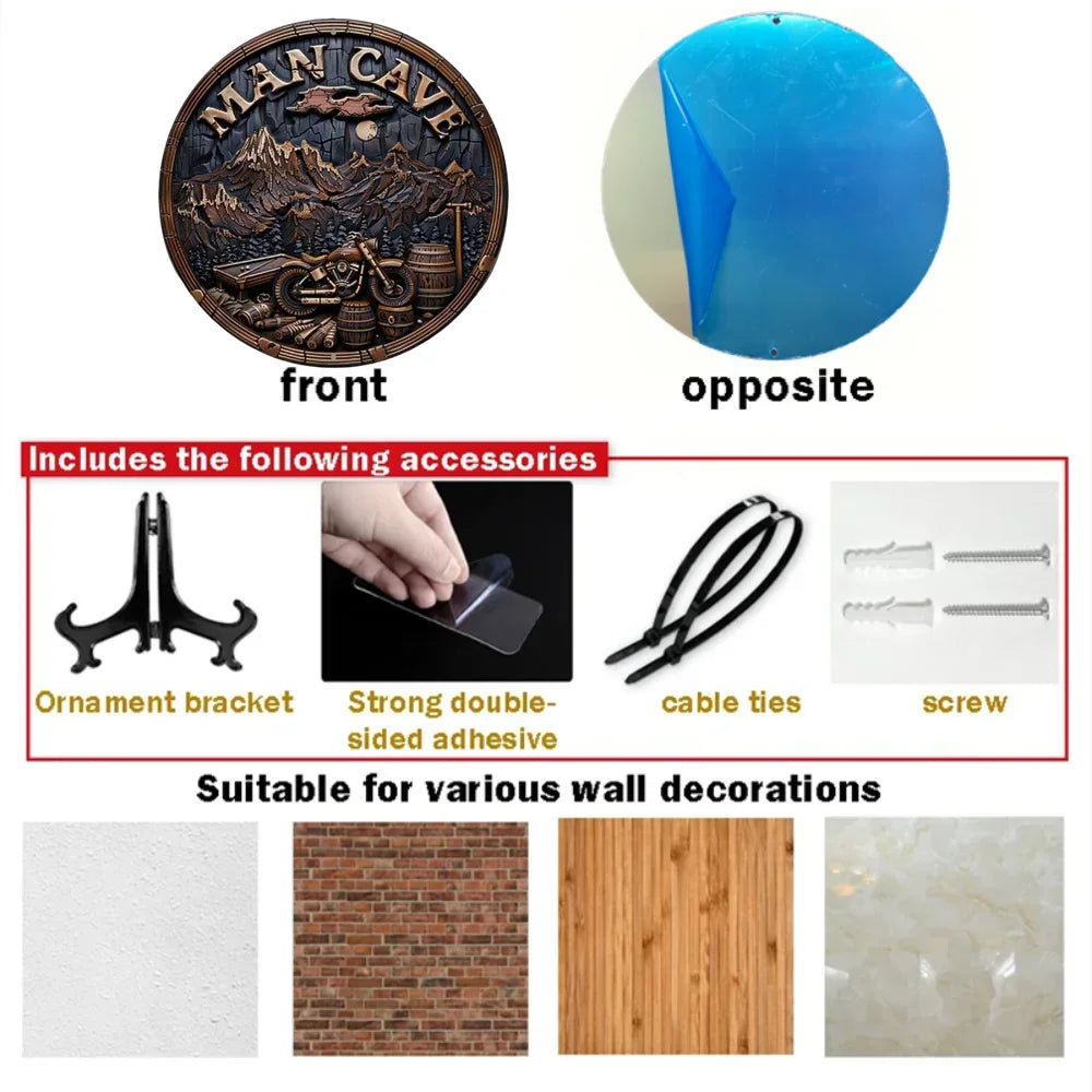 Accessory kit for Vintage Metal Man Cave Sign including stand, adhesive, cable ties, and screws for versatile wall installation.
