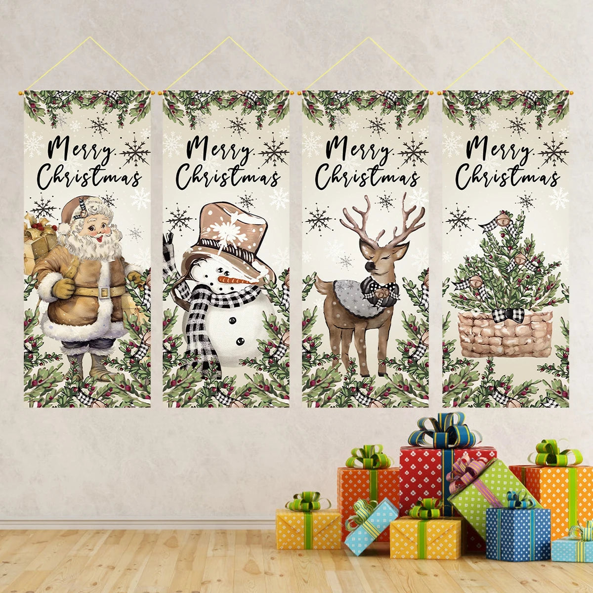 The Christmas hanging flag decor is a cheerful and eye-catching addition to your holiday decorations. Featuring vibrant Christmas-themed designs such as Santa, snowmen, or festive greetings.