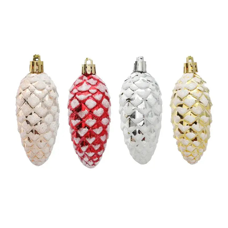 Set of four Christmas Pinecone Hanging Pendants in red, gold, silver, and white, perfect for festive tree decoration.