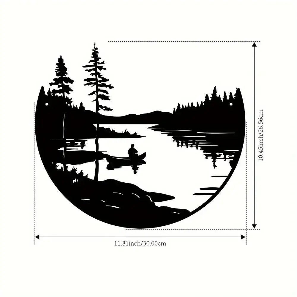 Detailed size chart of bohemian metal wall art showing lake and mountain silhouette, measuring 11.81x10.45 inches for accurate placement.