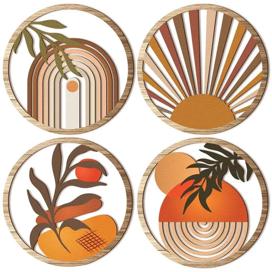 4Pcs Wooden Wall Art Set - Bohemian Style Decor featuring abstract sun, rainbow, and plant designs in earthy tones. Ideal for modern home interiors.