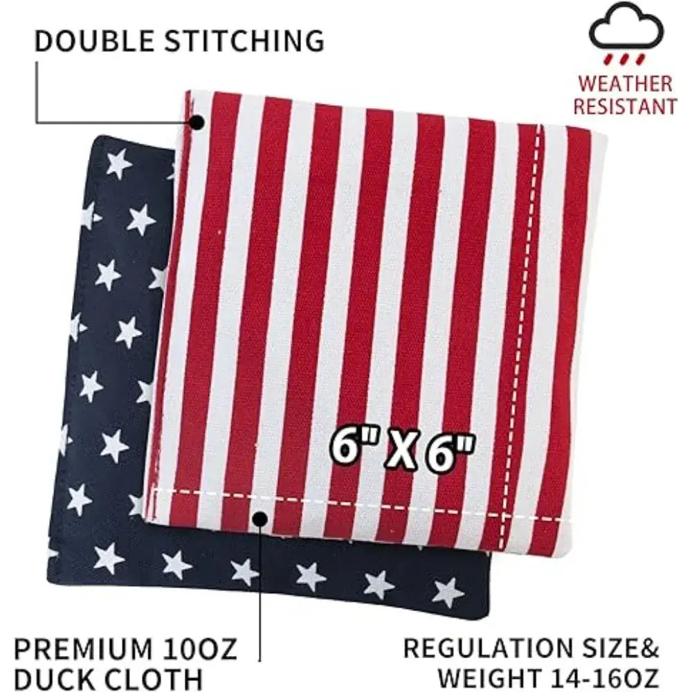 Close-up of 6x6 inch bean bags made from 10oz duck cloth with double stitching. Weather-resistant and regulation weight for cornhole.
