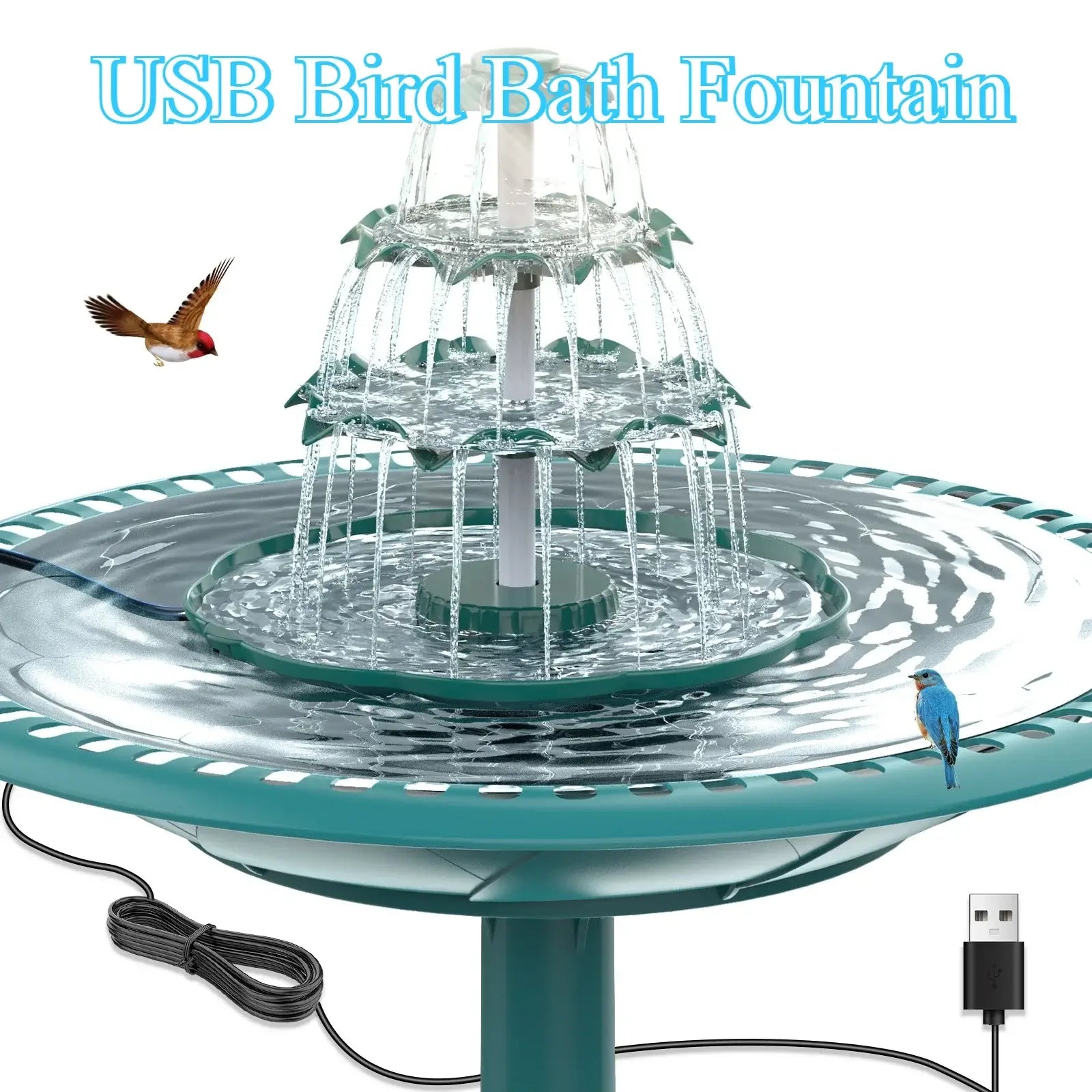 3-Tier USB Bird Bath Fountain with flowing water and USB cable, ideal for attracting birds in gardens or patios.