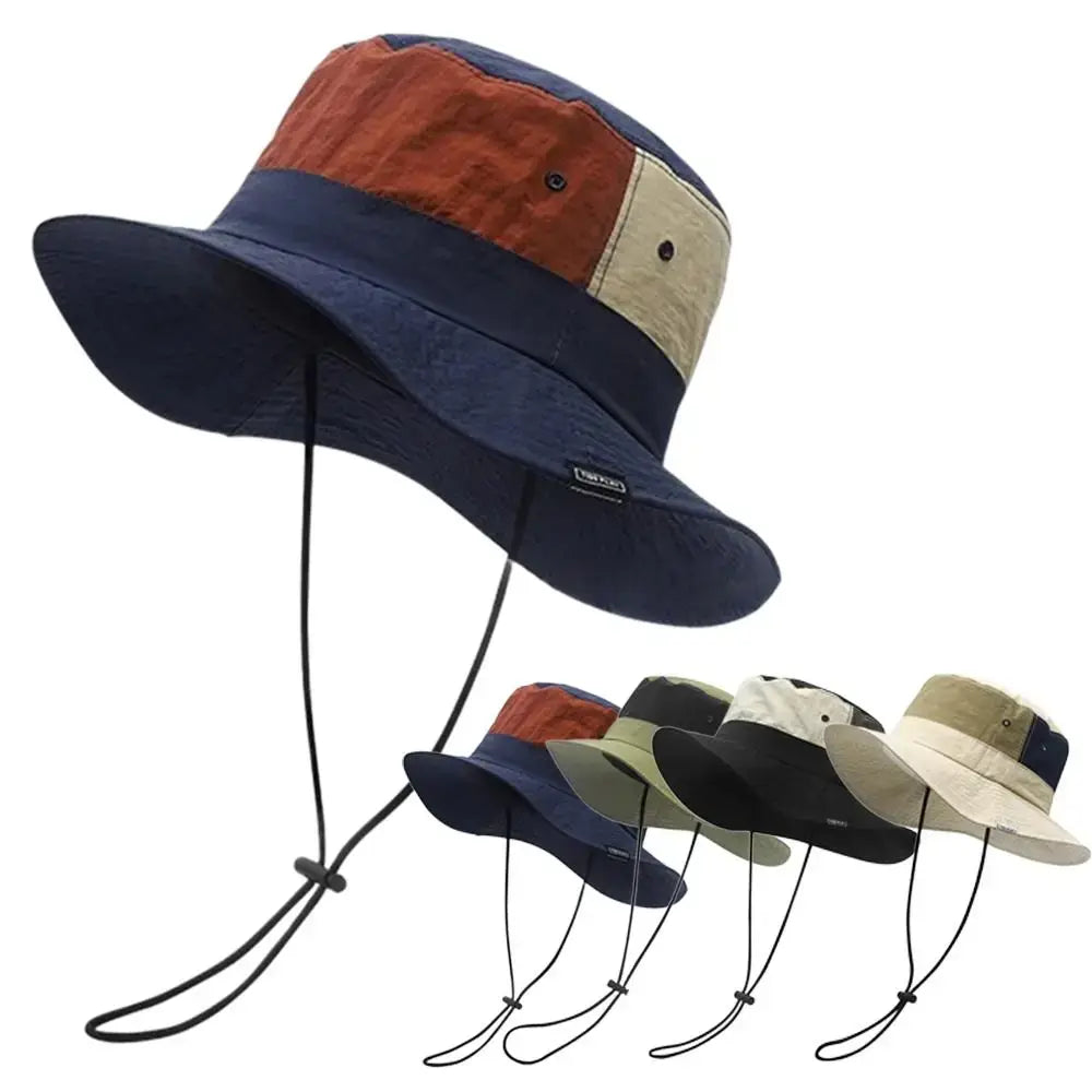 Sun Protection Bucket Hat - Quick-dry with adjustable chin strap and color-block design. Ideal for hiking, camping, and outdoor UV protection.