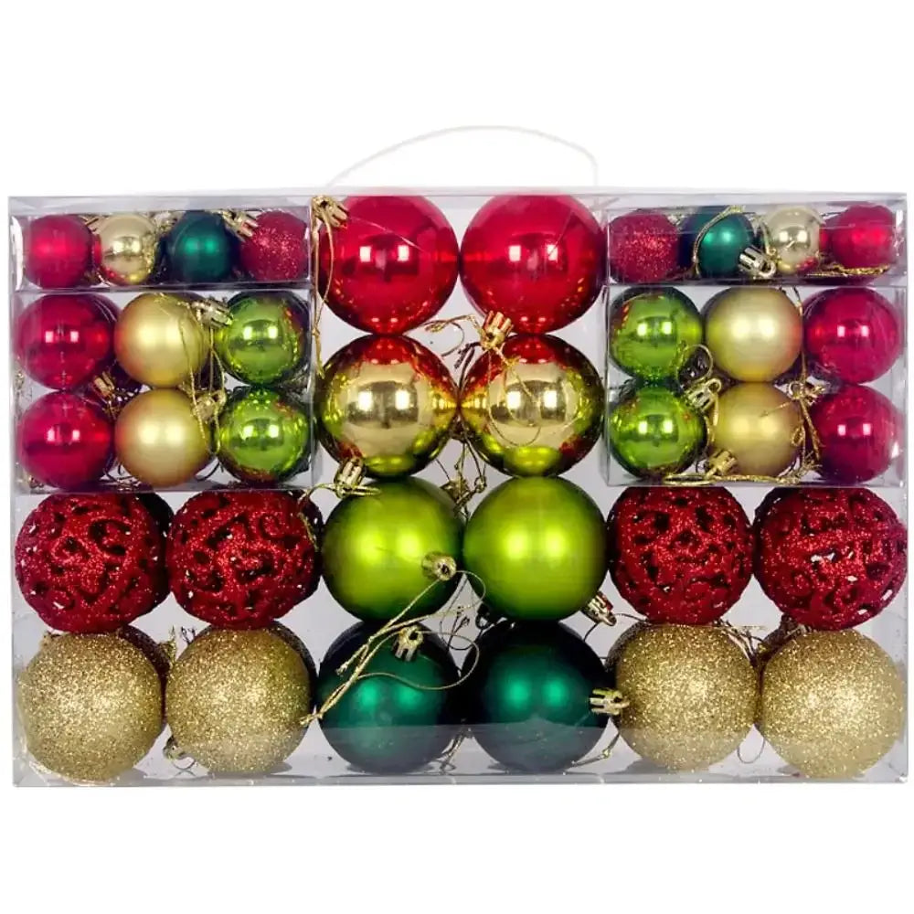 Red, green, and gold 100PCS Plastic Christmas Ball Set with assorted finishes, ideal for traditional Christmas tree decoration.