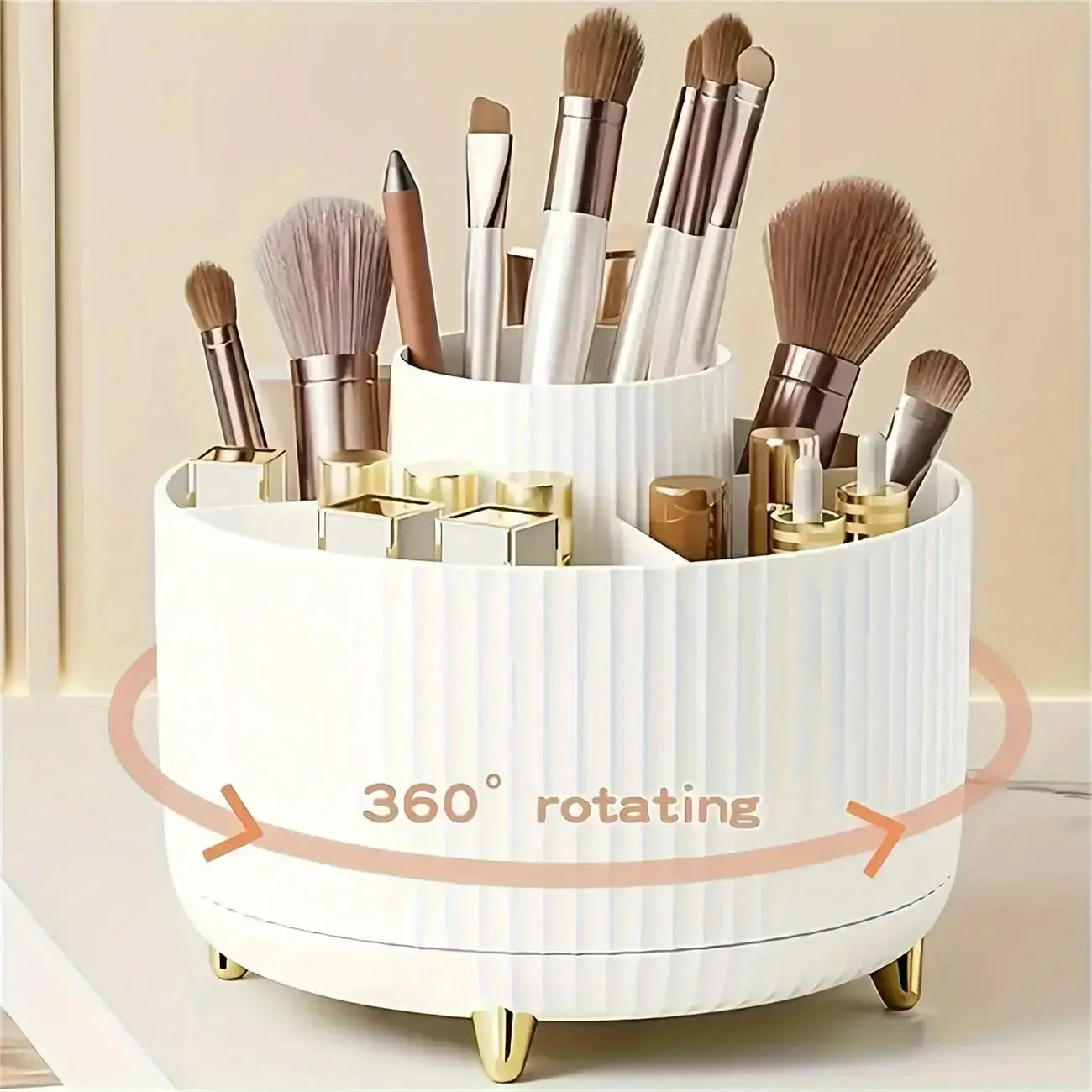 White 360 rotating storage box - 5 compartments filled with makeup brushes and lipsticks, highlighting smooth rotation feature.