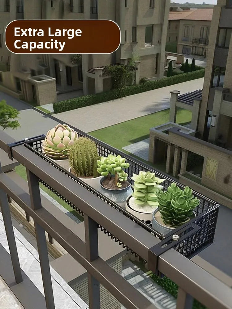 Extra large capacity Balcony Plant Stand Windowsill supports multiple potted plants. Ideal for maximizing space on balcony railings.
