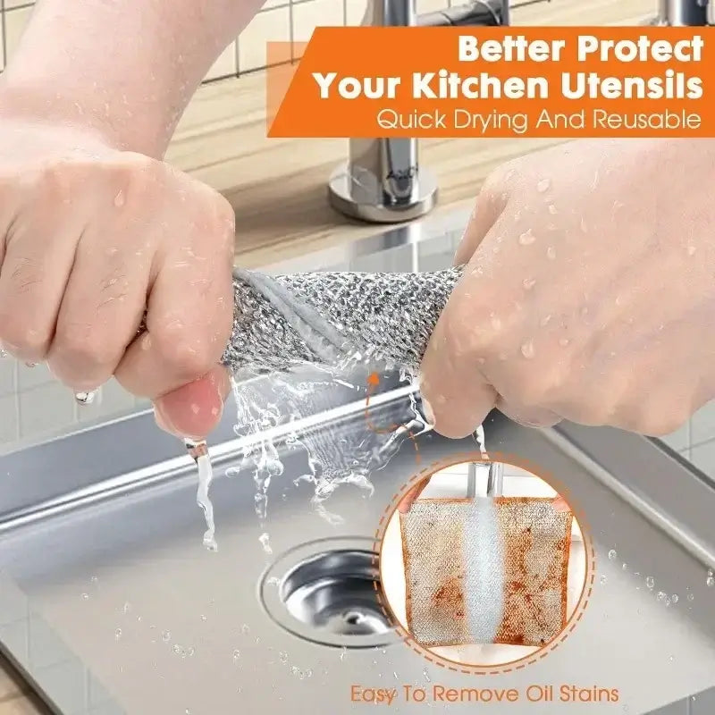 Hands wringing out Magic Dishcloth Silver Wire under sink, emphasizing quick-drying, reusable, and oil-removing properties.