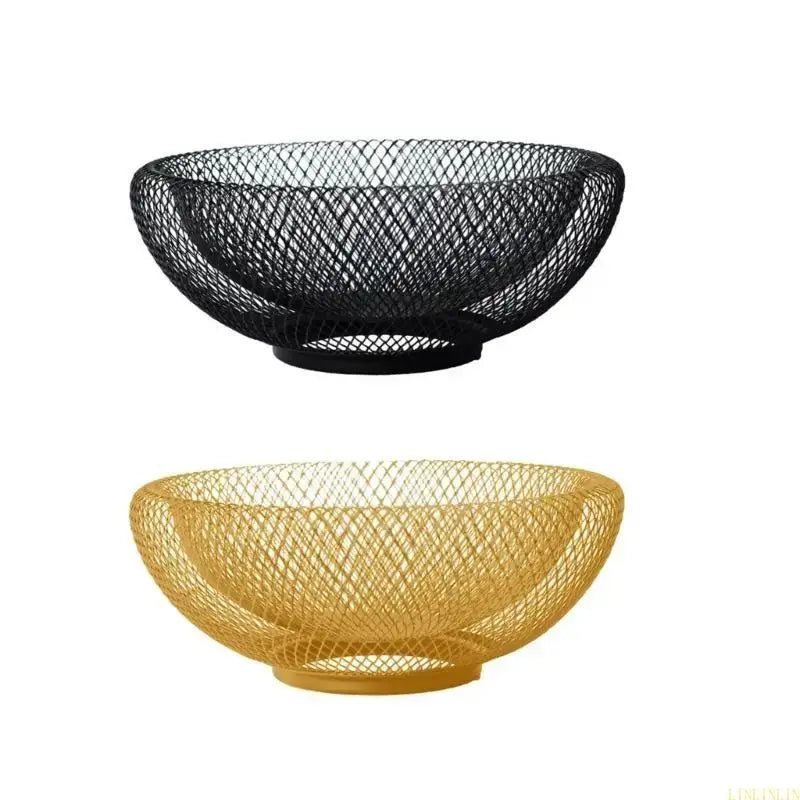 Side-by-side black and gold metal fruit bowls with mesh design, ideal for kitchen utensil organization and fruit storage.