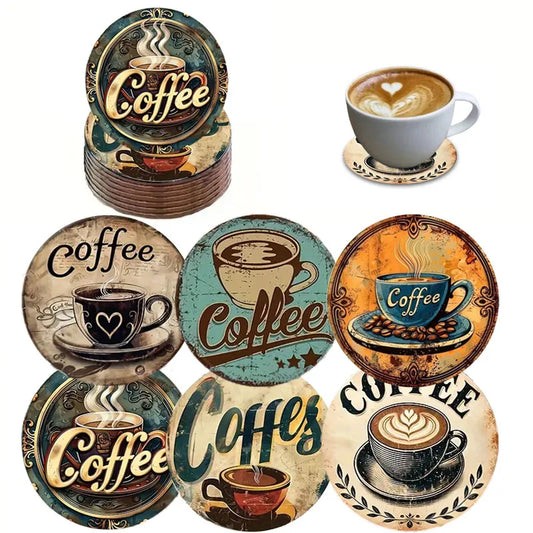 The 6-piece set of coffee cup theme pattern wooden round coasters