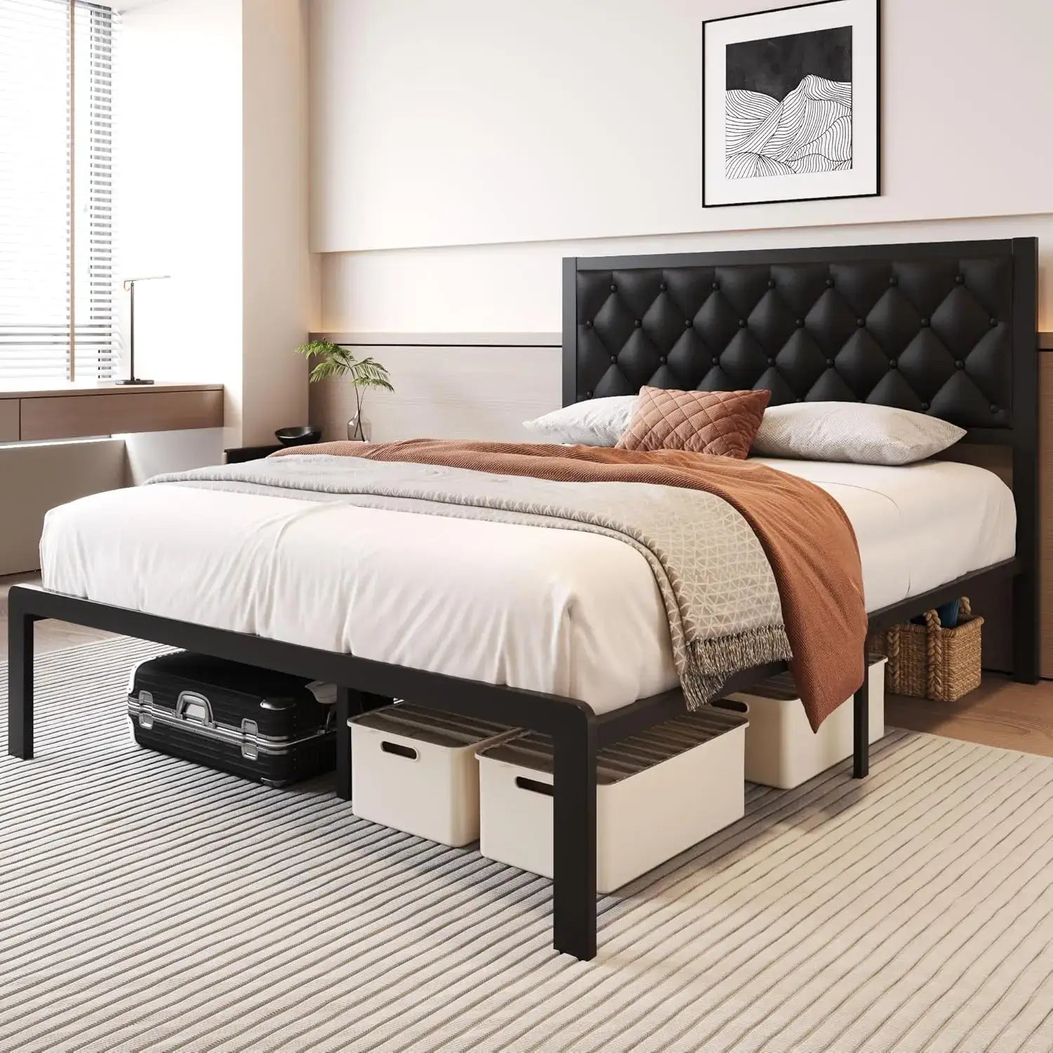 Queen Bed With Storage and PU leather headboard, showcasing ample under-bed space for boxes and suitcases in a modern bedroom setting.