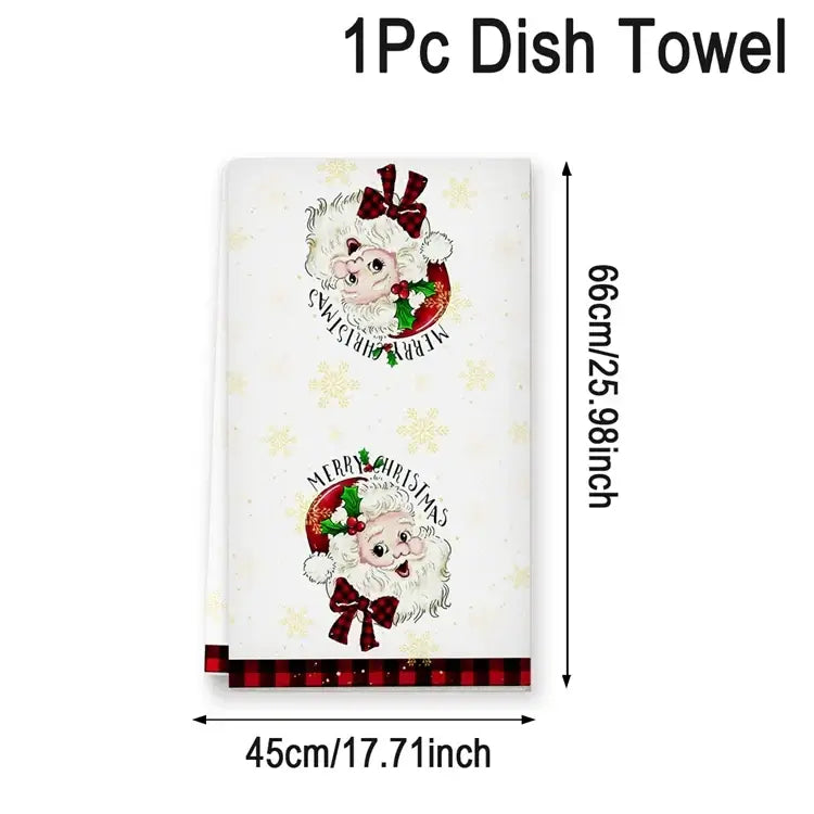 Red plaid Christmas dish towel with decorated tree design. Cotton towel sized 45x66cm for festive kitchen drying.