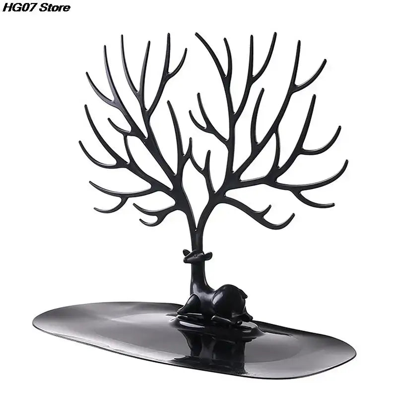 Tree Branch Jewelry Organizer in black with deer design, perfect for holding rings, earrings, and watches on a sleek base.