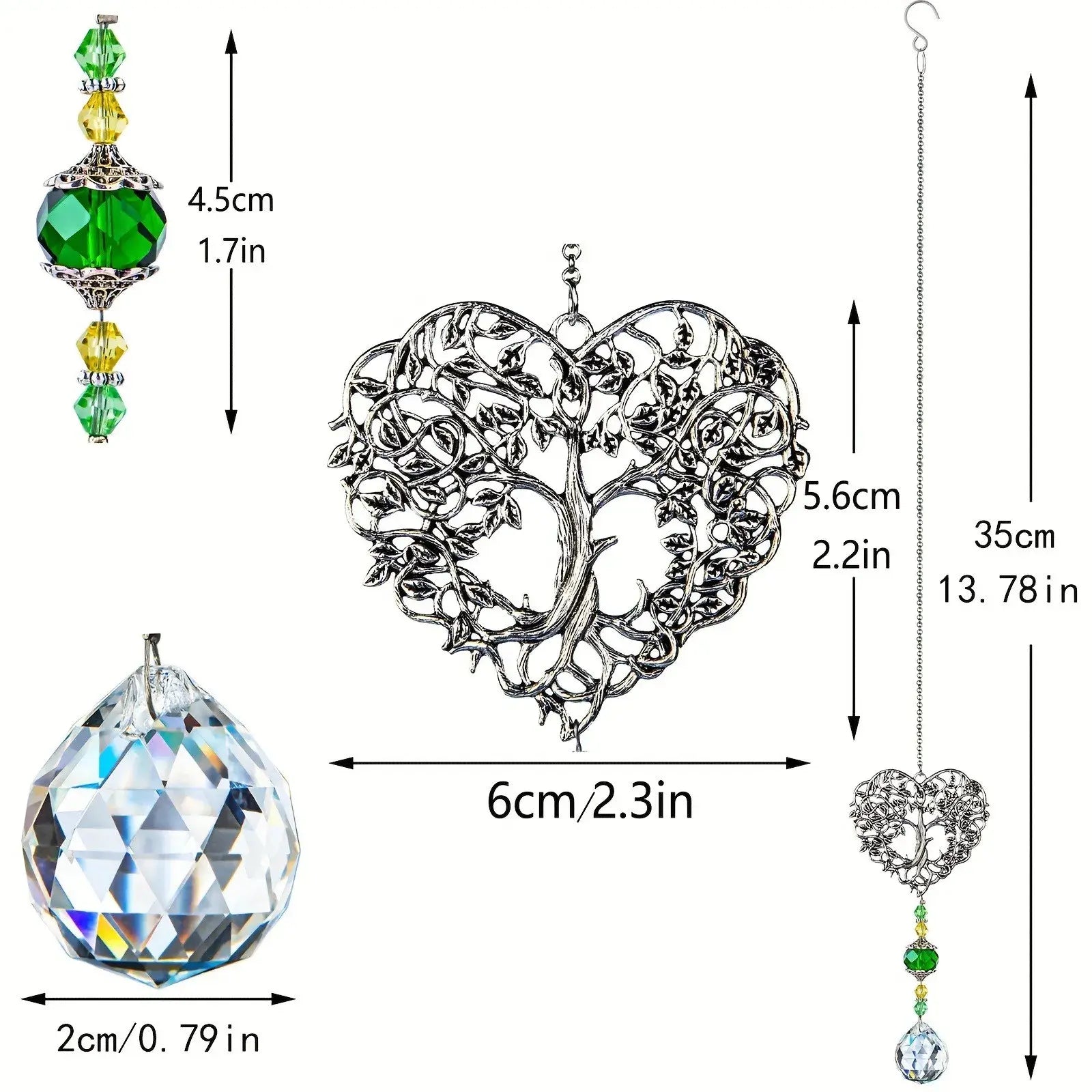 Tree of Life Suncatcher - Crystal Pendant with detailed size dimensions, showcasing heart-shaped metalwork and faceted crystals.