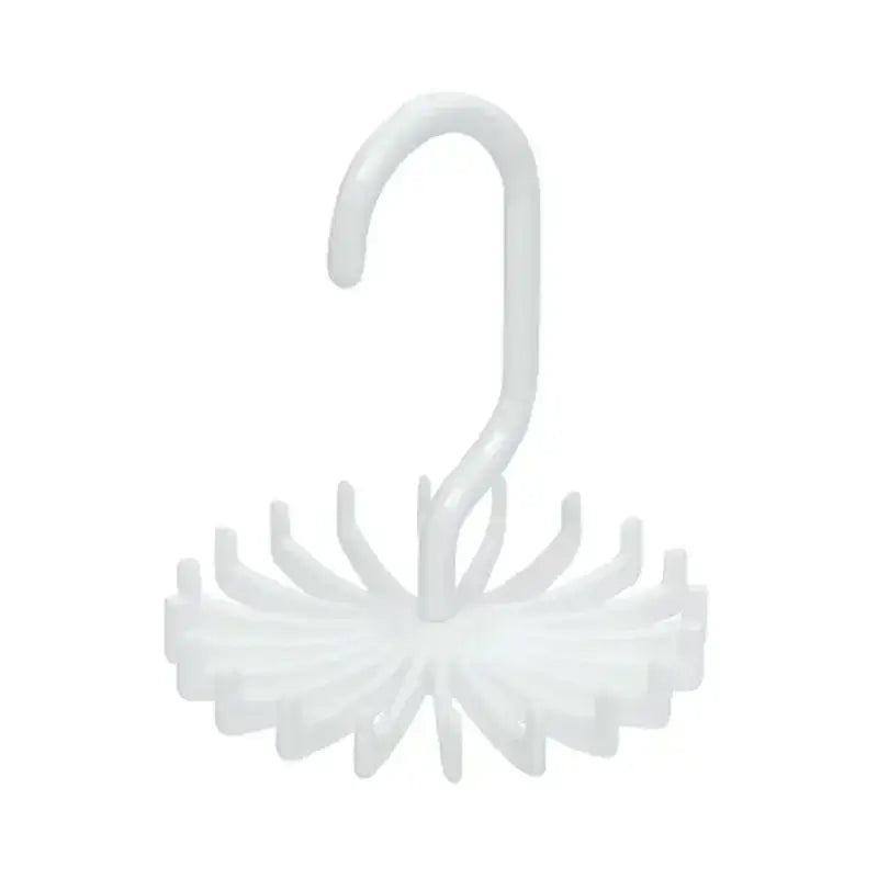 White 360 Rotatable Tie Rack with 20 hooks and a rotating hanger, perfect for space-saving closet organization.