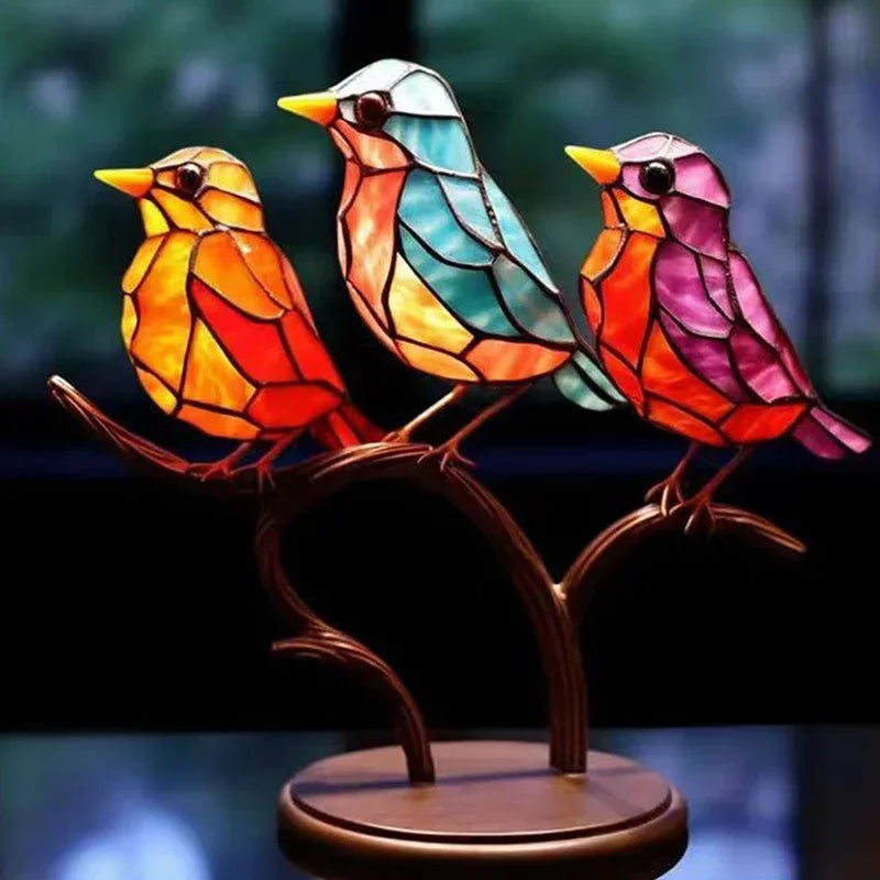 Multicolor Birds-Stained Acrylic Birds on Branch Desktop Ornaments Double Sided Multicolor -