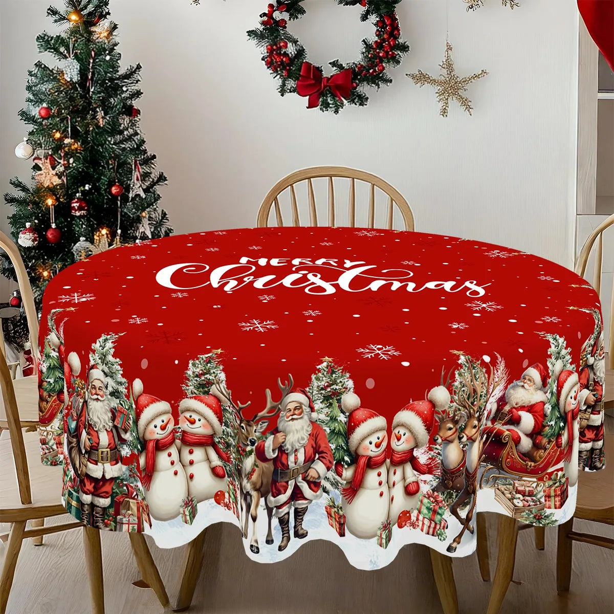 A Christmas Santa Claus tablecloth adds a festive touch to any holiday gathering, featuring cheerful designs of Santa, reindeer, and snowy scenes. 