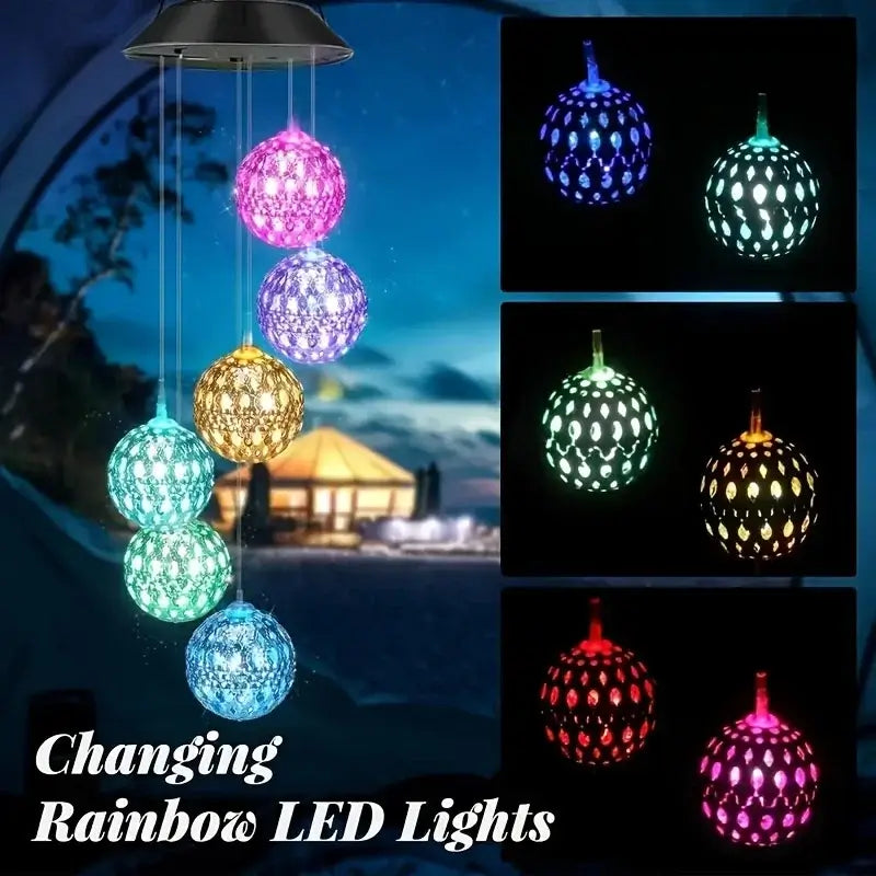 LED Morocco Ball Solar Wind Chime Light with color-changing rainbow lights, ideal for patios and outdoor ambiance lighting.