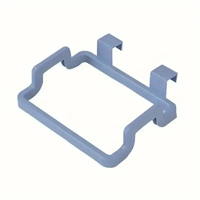 Blue no-drill trash bag hook for cabinet doors. Ideal for under sink waste storage in kitchens and bathrooms.
