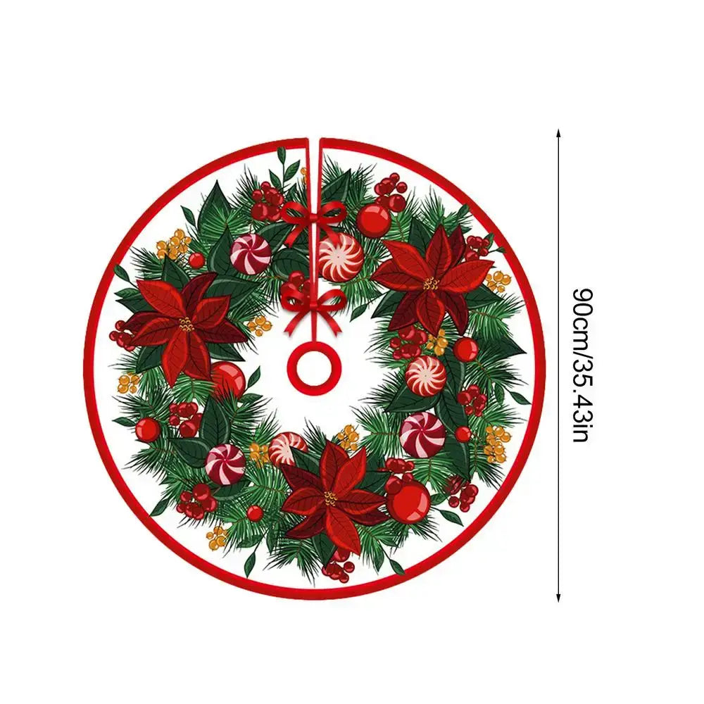 Wreath-themed 90cm polyester Christmas tree skirt with poinsettias, candy, and pine branches. Adds vibrant holiday spirit to tree base.