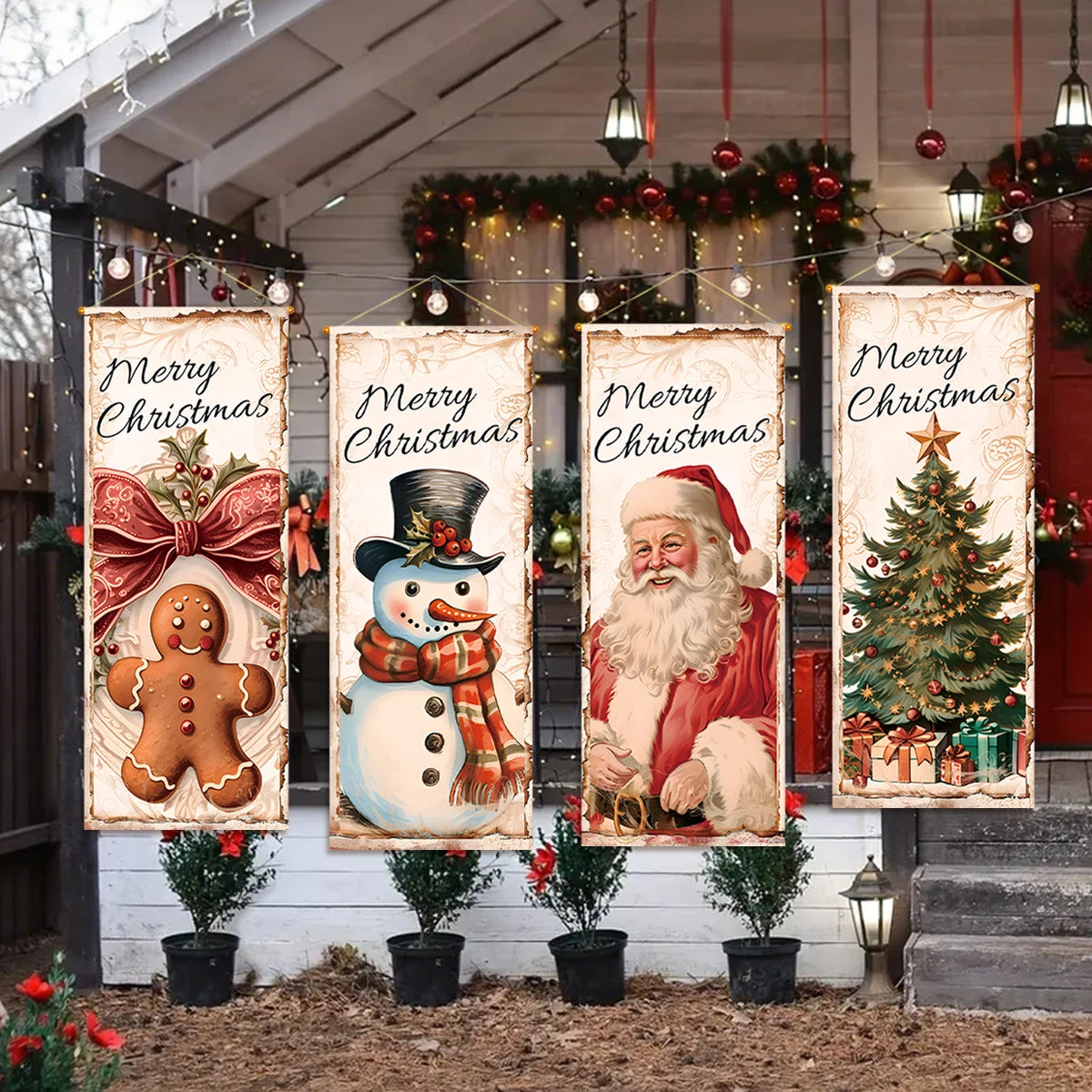 The Christmas hanging flag decor is a cheerful and eye-catching addition to your holiday decorations. Featuring vibrant Christmas-themed designs such as Santa, snowmen, or festive greetings.