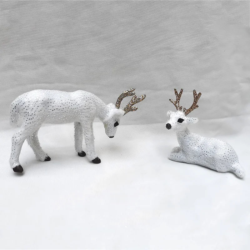 Two-piece white Deer Reindeer Figurines - Table Miniatures with glitter accents, perfect for seasonal home and garden decor.