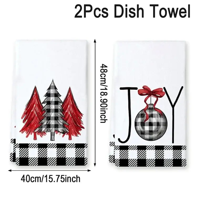 Single red Christmas dish towel with snowman and 'Let it Snow' text. Cotton towel sized 45x66cm for festive kitchen use.